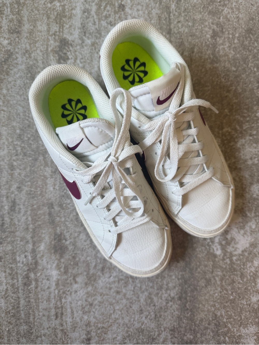 Nike White Low-Top Sneakers with Plum Swoosh and Neon Green Insoles